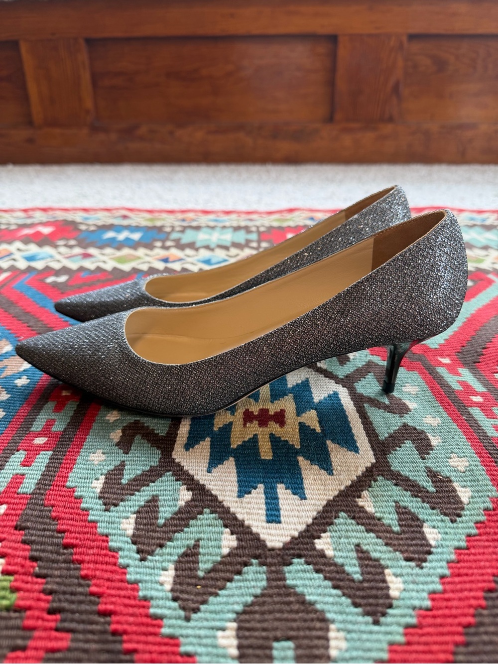 Jimmy Choo silver lame glitter kitten heels pumps
